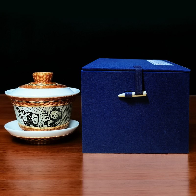 四川成都非d遗手工竹丝扣瓷茶杯瓷胎竹编盖碗功夫茶具特色盖碗茶