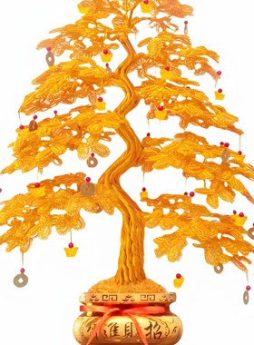 金色发财a树工艺品摆件纯手工编织摇钱树客厅电视柜装饰品开业礼