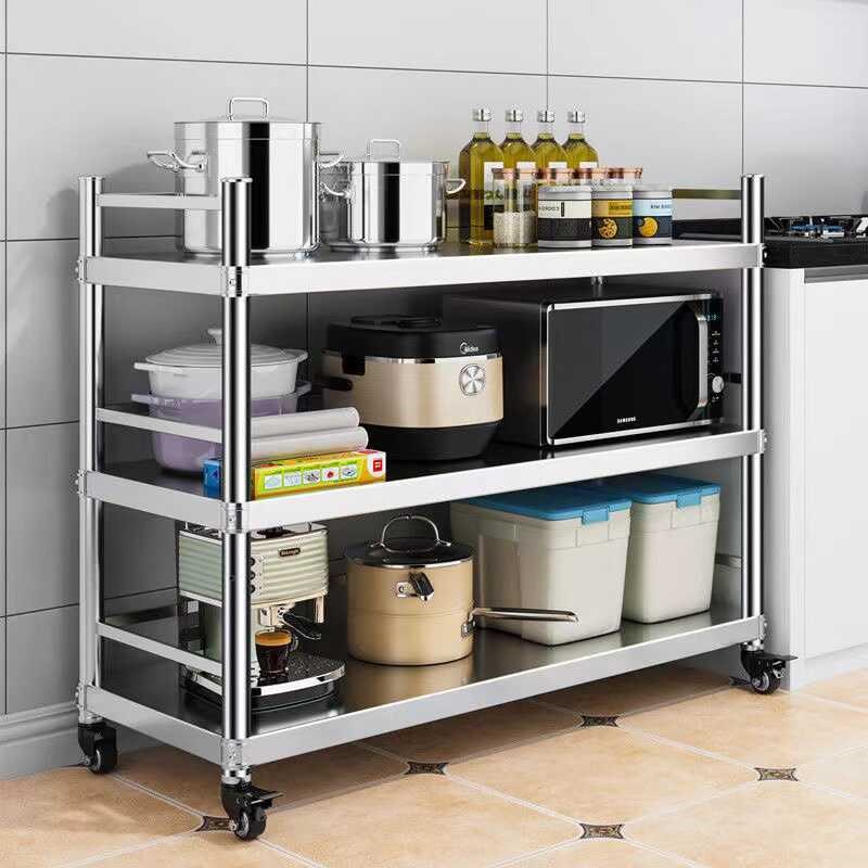 可移动置物架厨房不锈钢带围栏微波炉烤箱L架子三层落地锅架带轮