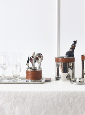 不锈钢银色轻奢风样板间厨房酒柜托盘冰桶储物罐R酒吧酒具套装摆