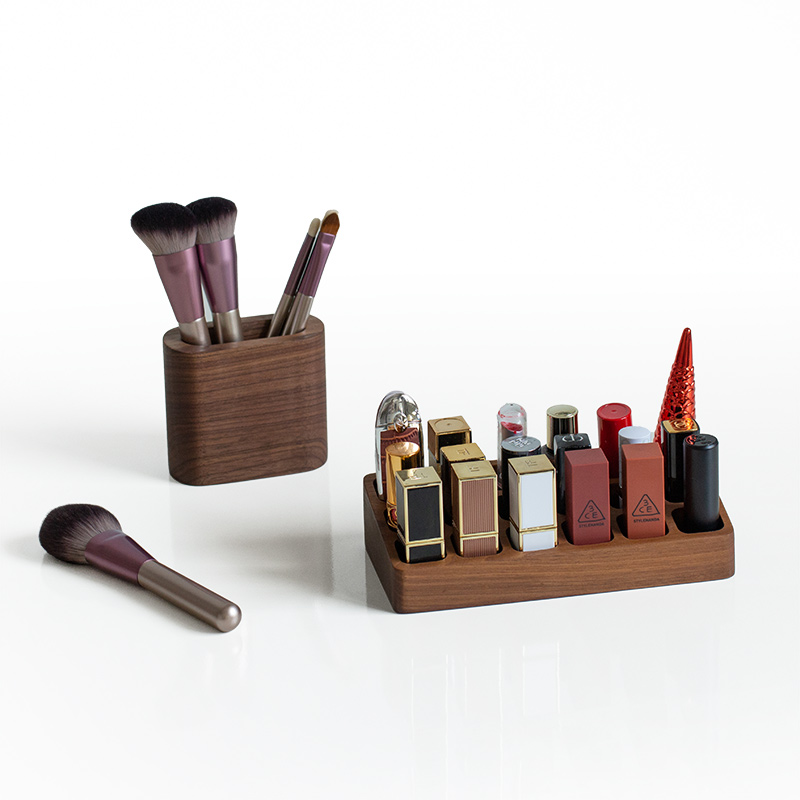 实木口红彩妆眼影桌面收纳盒木制化妆筒J刷子桶木质化妆护肤品整