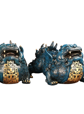 全铜蓝色富贵貔貅摆件一对皮丘家居客厅玄关M店铺开业装饰工艺品