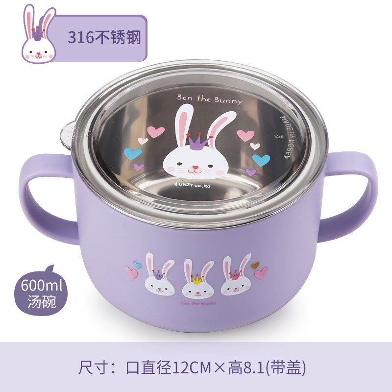 304不锈钢双耳汤碗儿童宝宝饭碗带手柄碗带盖卡通R可爱单个便携31