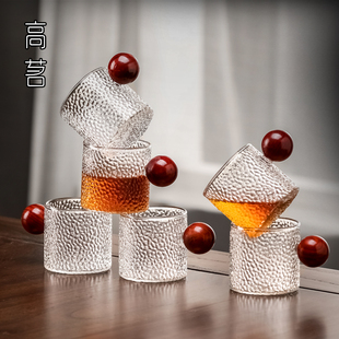 功夫茶杯6只装i带把日式茶具锤目纹小玻璃杯客人专用喝茶杯子套装