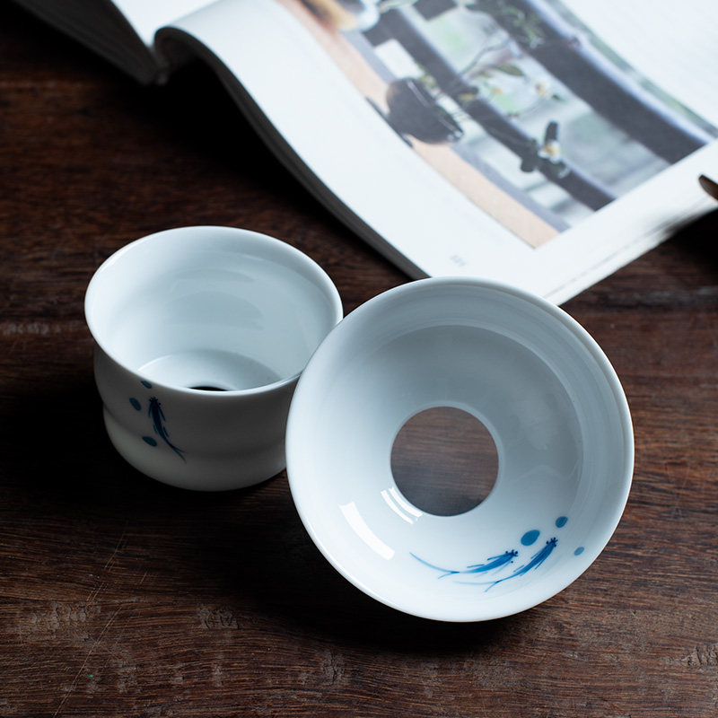 手绘茶滤功夫茶具茶漏白瓷釉下彩小鱼白网布滤网带W底座茶道零配,餐饮具,茶滤,淘宝优惠券,粉丝福利购,淘宝优惠卷