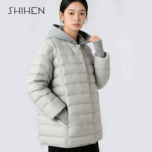 时痕泡芙排骨款简约针织连帽拼接假两件中长款轻便大码保暖羽绒服