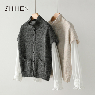 时痕减龄款高领针织背心毛衣短袖马夹开衫内搭长袖T恤叠穿两件套