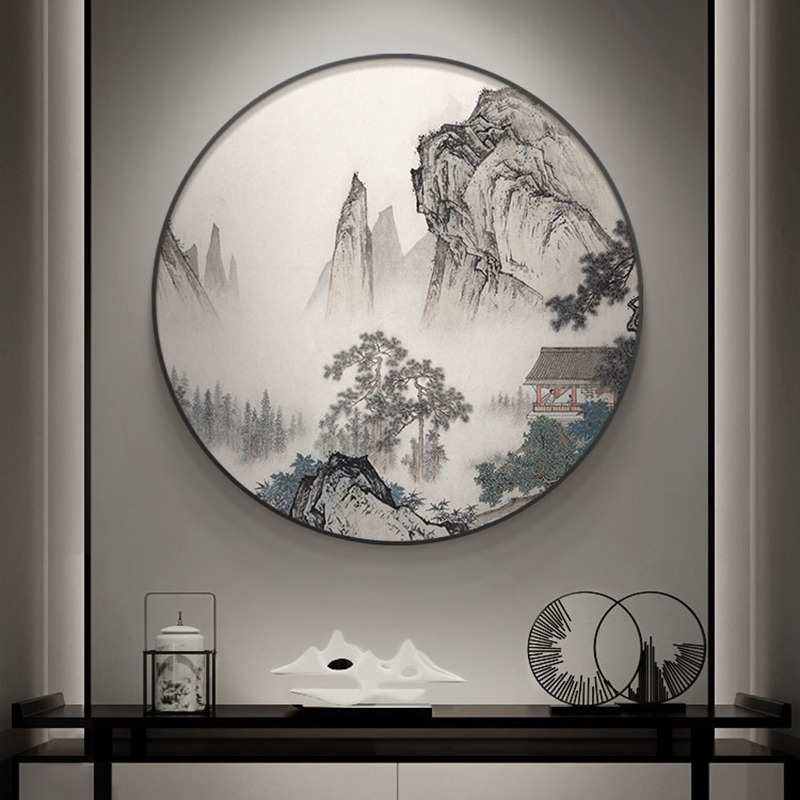 新中式装饰画办公室圆形入户玄关客厅画山水画禅意茶室挂画水墨画