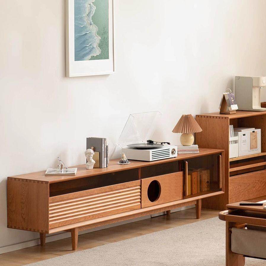 同鑫电视柜樱桃木日式实木猫舍猫窝人猫共居北欧简单落地玻璃门