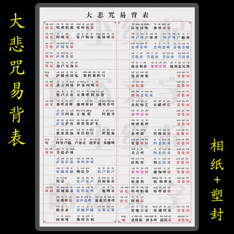 彩色过塑大悲咒背诵卡防