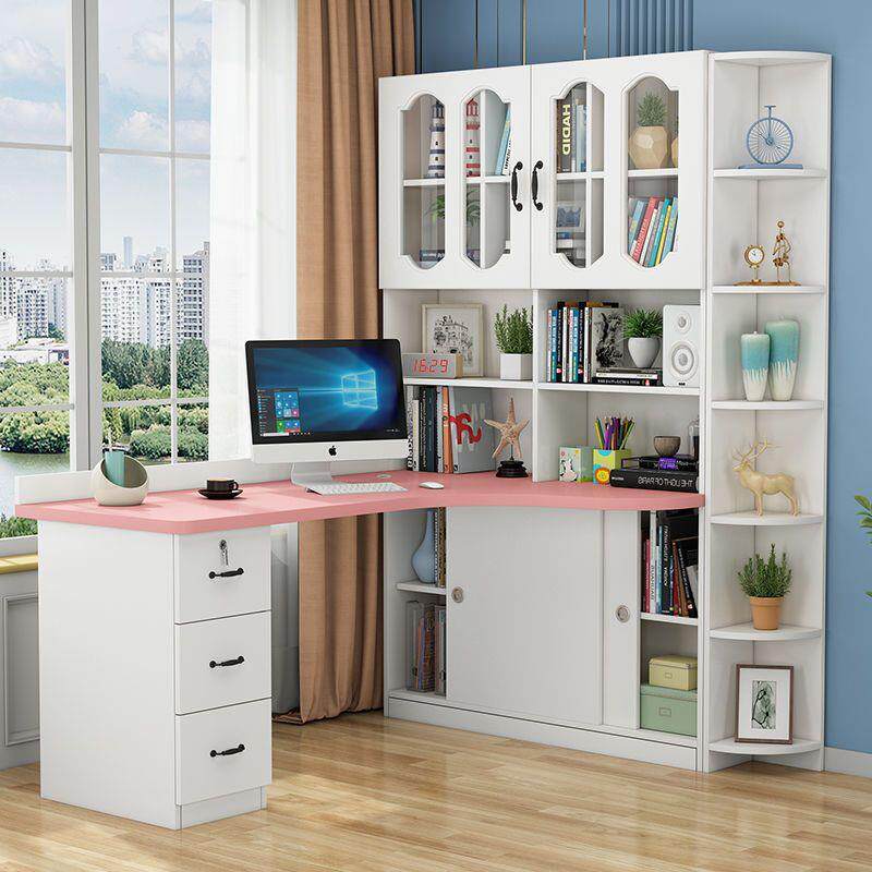 实木书桌书架一体简约家用学生学习写字桌书柜组合转角电脑台式桌