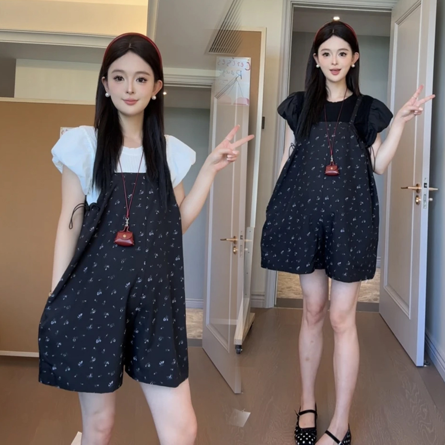 孕妇夏季日系碎花背带短裤两件套