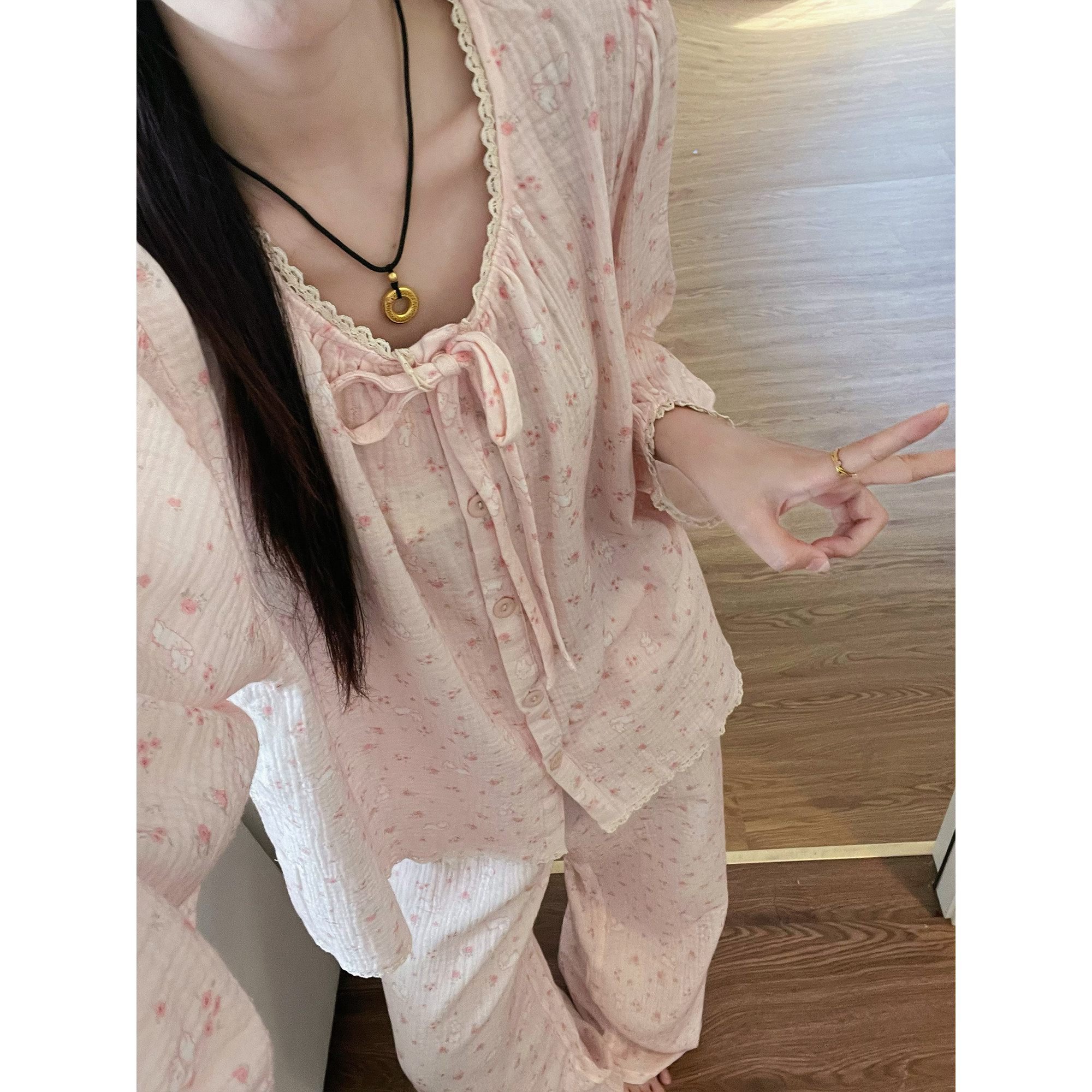 韩版甜美少女碎花睡衣女2025春秋季新款大码长袖长裤家居服两件套