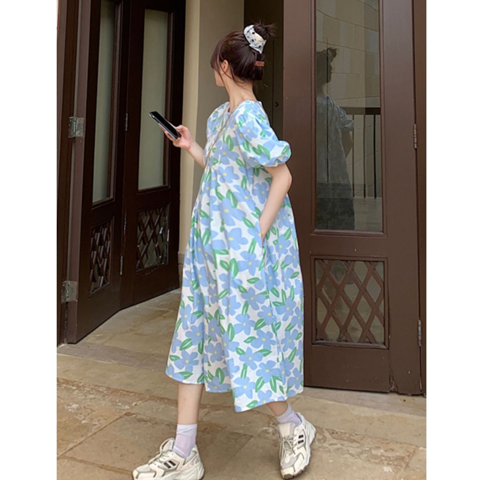 小清新孕妇装大码裙子夏天韩版宽松潮妈法式孕妇印花娃娃连衣裙夏