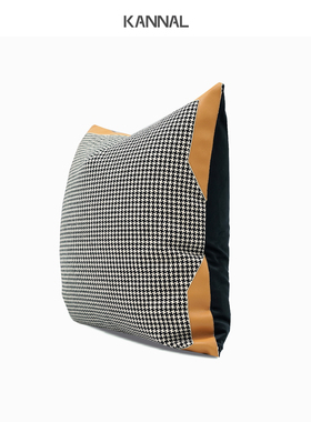 橙设复古文艺黑白色千鸟格橘黄色皮质拼接靠包U抱枕样板间方