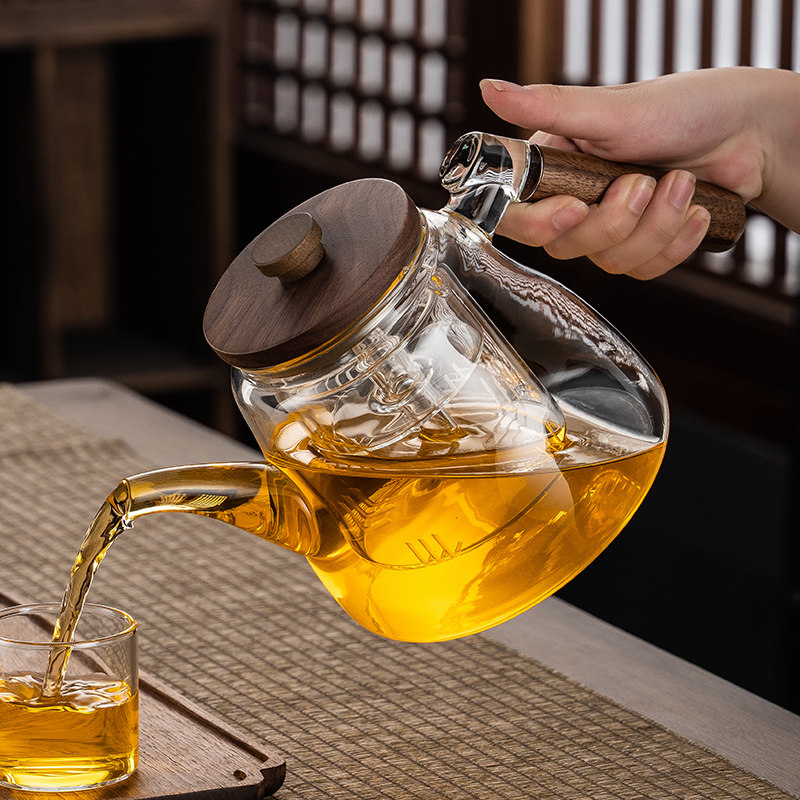 煮茶壶全玻璃烧水泡茶耐高温自动电陶H炉养生花茶具实木侧把蒸茶