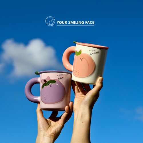创意手绘水果马克j杯带盖勺夏季ins风家用喝水杯子女生可爱陶瓷杯