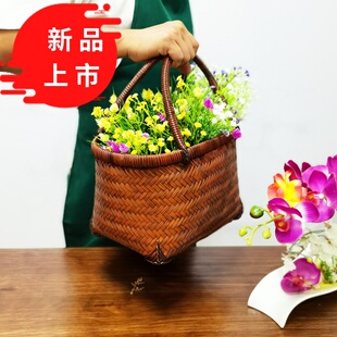 复古竹编买菜篮提篮手工s编购物篮提手篮竹制品外出游玩采摘篮大