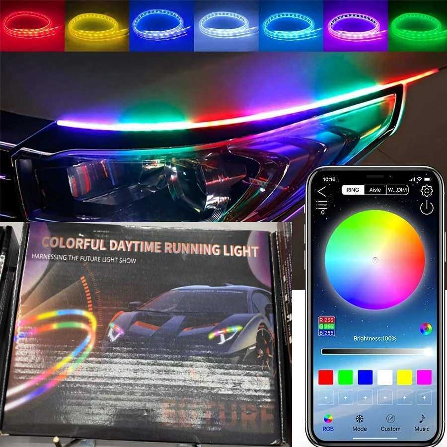 汽车LED灯条超薄日行灯APP手机控制幻彩导光双色流水带转向行车