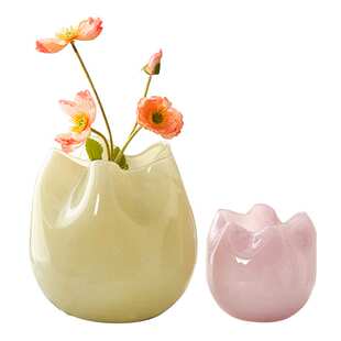 定制现代简约奶黄色褶皱收口花瓶手工琉璃玻璃花瓶中古系家居摆件