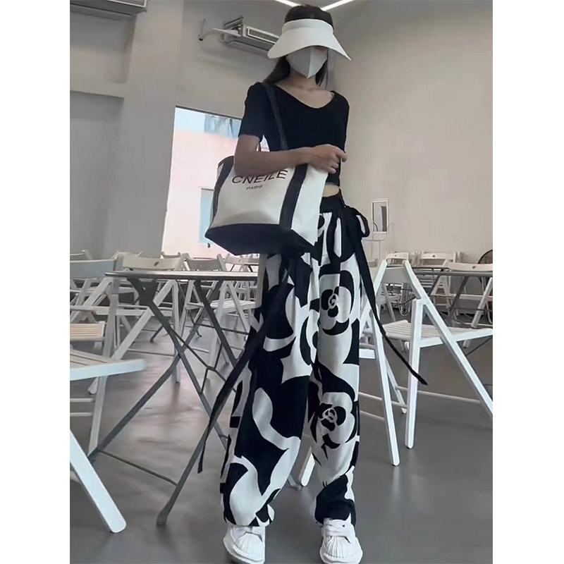 速发黑白玫瑰飘带阔腿2裤02新款夏印薄款中国墨季花直筒裤