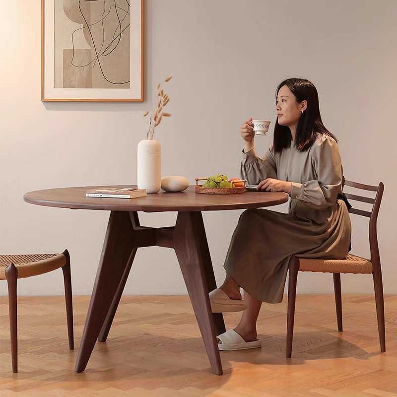 北欧实木家用小户型客厅餐桌简约创意复古白蜡木圆桌饭桌圆形桌子