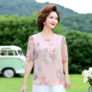 妈妈夏装洋气上衣中年女装中老年短袖T恤衫中老年大码雪纺套装