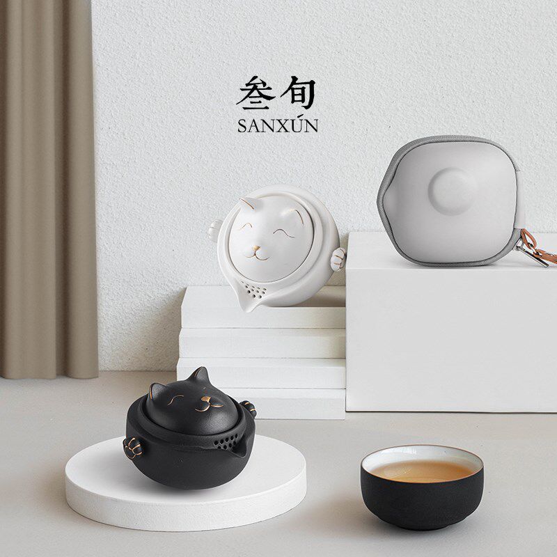 叁旬 招财猫快客杯陶瓷一壶一杯单人旅行便携式功夫茶具套装可爱