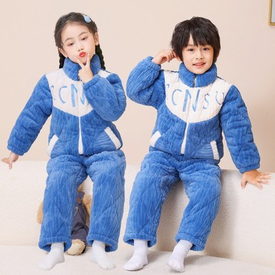 儿童法兰绒睡衣冬季加厚三层夹棉可外穿男女宝宝中大童小孩家居服