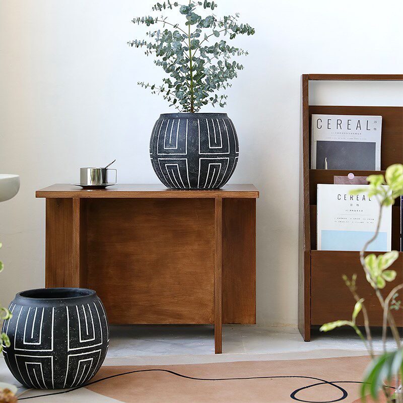 复古做旧黑色水泥灯笼花盆条纹大肚花器摆件绿植盆栽侘寂风大号