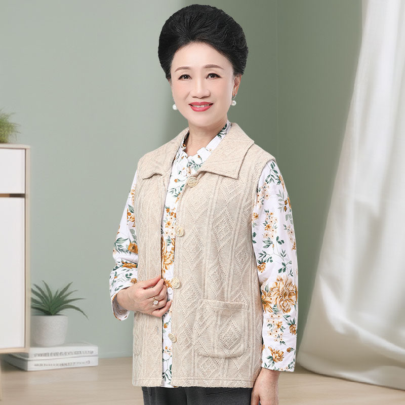 春织中老年秋装妈妈装女士无袖开衫毛衣背心翻领针织马甲外套