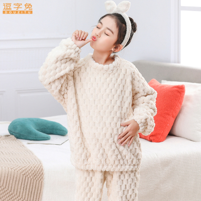 秋冬儿童睡衣套装网红加厚圆领套头法兰绒男童女童洋气保暖家居服