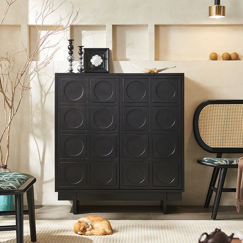 侘寂风中古实木餐边柜小户型家用收纳柜藤编储物柜复古风玄关柜