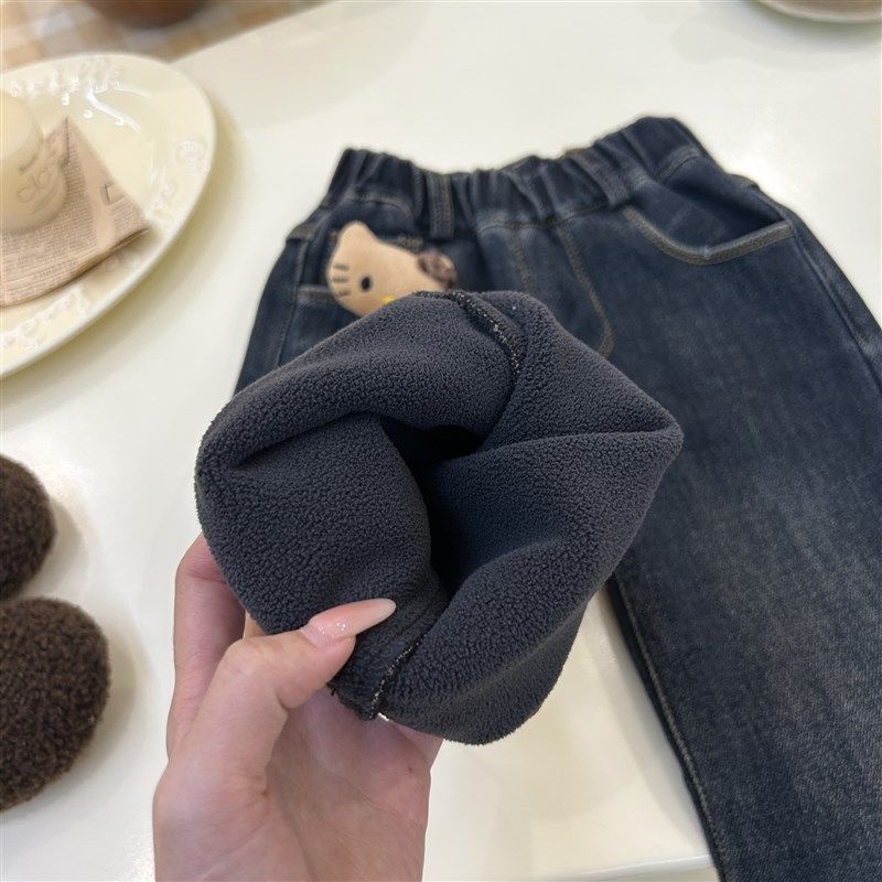 女童加绒牛仔裤一体绒秋冬季2024新款女宝宝加厚豹纹翻边直筒裤子