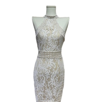 lovingu夏季新款无袖露肩个性蕾丝缕空挂脖显瘦包臀气质连衣裙女