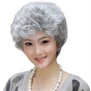 中老年花白假发 短卷发 女 慈祥妈妈银白色 舞台表演老奶奶老太太