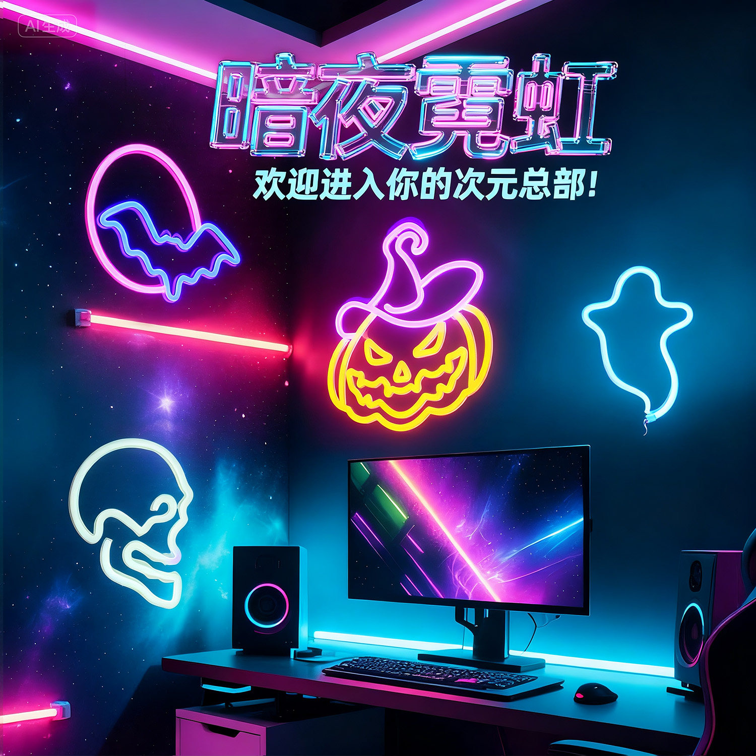 创意LED霓虹灯万圣主题电竞房背景摆件造型灯布置酒吧氛围装饰灯