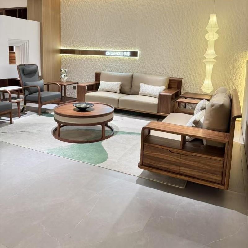 沙发客厅2025新款茶几组合真皮抱枕黑胡桃木现代简约高端双人