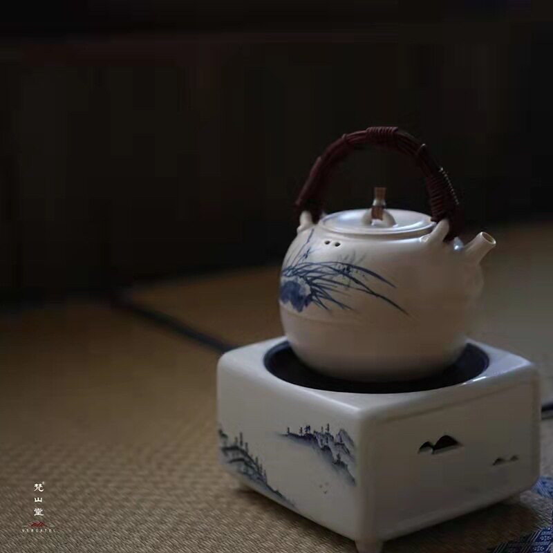 梵山堂 苏打釉青花竹叶山水四方电陶炉诗文圆茶炉煮茶器茶炉茶壶