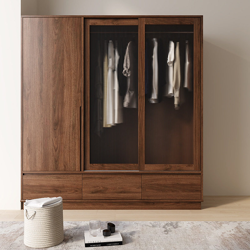 北欧黑胡桃木推拉门衣柜家用卧室日式全实木日式简约移门衣橱原木
