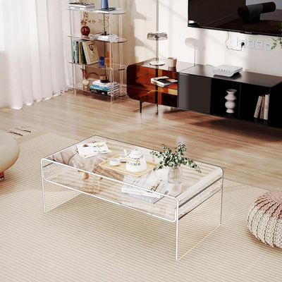 亚克力客厅茶几 透明咖啡桌 Lucite桌子带开放式储物架批发