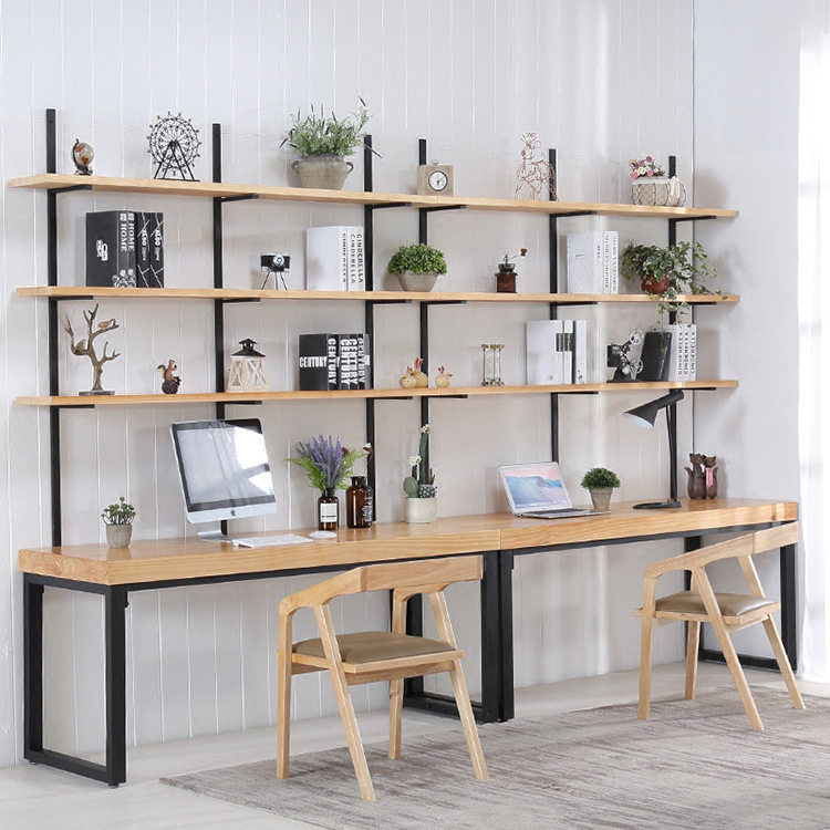 严选简约实木靠墙书桌架一体创意办公桌配套置物架书房铁艺书桌