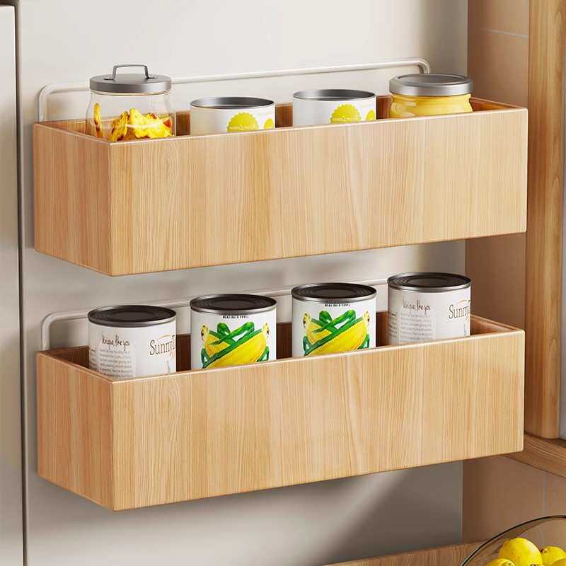 实木冰箱置物架侧收纳筐免打孔厨房挂钩悬挂式架子壁挂分层收纳架