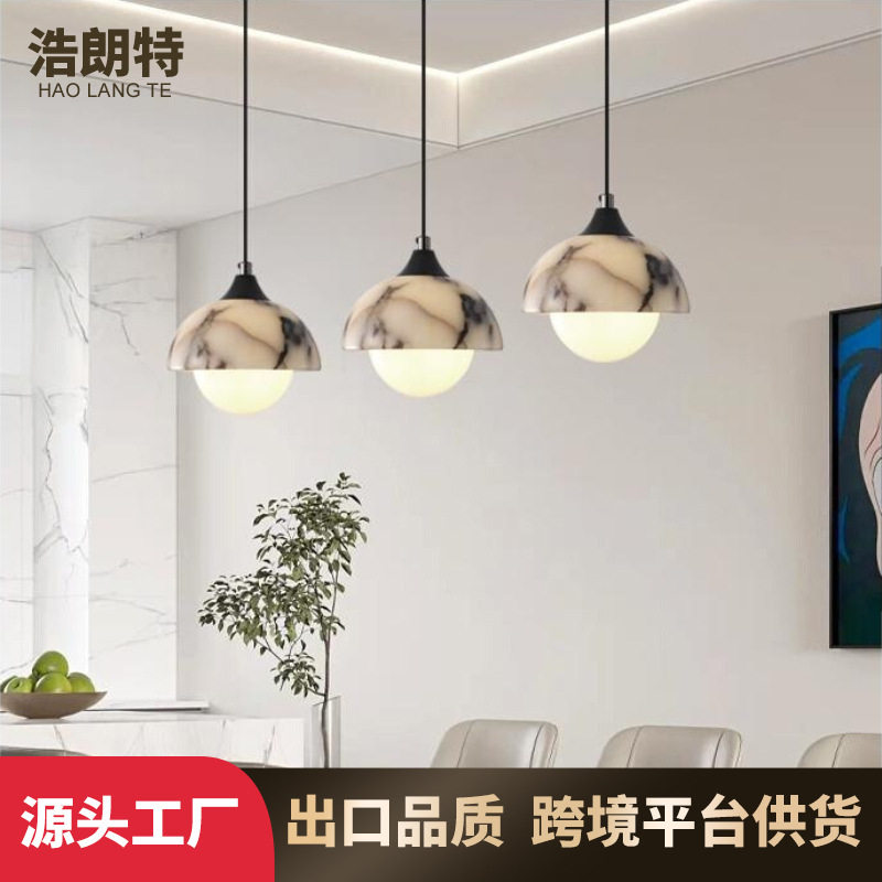 大理石壁灯感餐厅吊灯大理石轻奢现代餐桌圆形岛台三头吊线灯