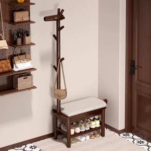 实木长颈鹿换鞋凳门口家用可爱创意入户玄关可坐鞋柜衣帽架一体