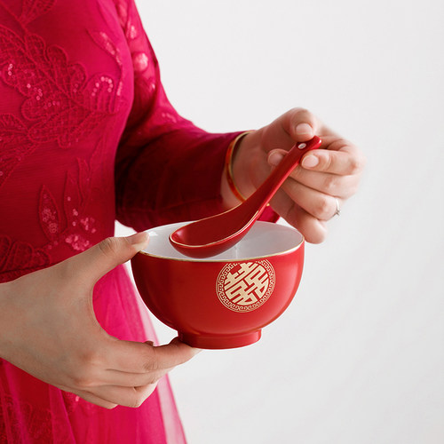 金囍婚庆改口敬茶杯n一对结婚陶瓷两对四个对碗筷套装新人红碗喜