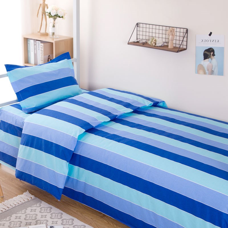 学生宿舍三件套纯棉单人被套床单枕套三色蓝竖条T纹上下铺床上用