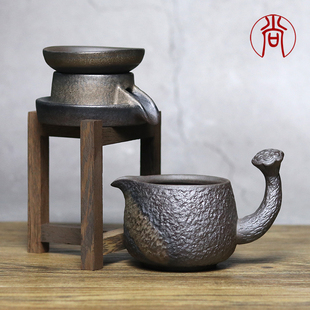 家用日 粗陶侧把公道杯陶瓷创意分茶器仿古公杯茶漏组过滤一套Z装