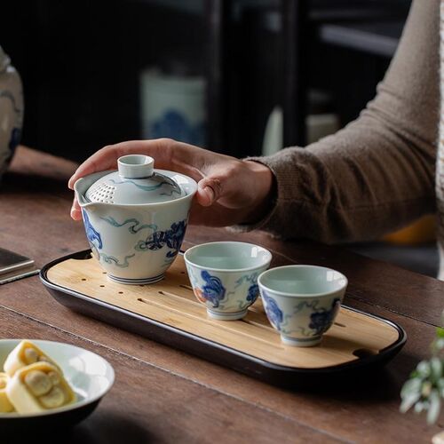 青瓷如水 青花手抓壶茶壶过滤z陶瓷便携式旅行茶具便携式功夫茶具