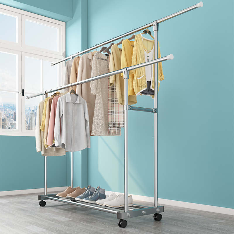 晾衣架落地双杆j式不锈钢家用移动阳台折叠室内移动晒被子架凉衣